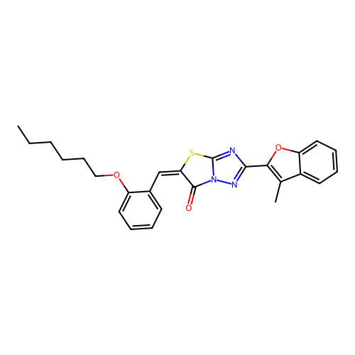 (E)-5-(2-(hexyloxy)benzylidene)-2-(3-methylbenzofuran-2-yl)thiazolo[3,2-b][1,2,4]triazol-6(5H)-one structure
