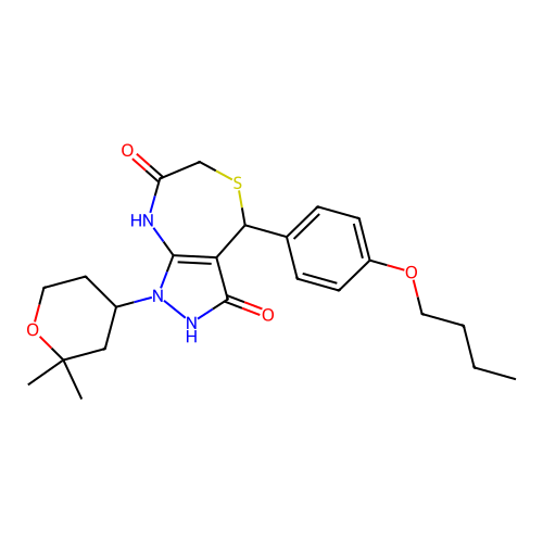 4-(4-butoxyphenyl)-1-(2,2-dimethyltetrahydro-2H-pyran-4-yl)-3-hydroxy-4,8-dihydro-1H-pyrazolo[3,4-e][1,4]thiazepin-7(6H)-one structure