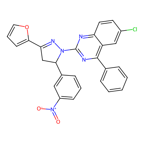 6-chloro-2-[3-(2-furyl)-5-(3-nitrophenyl)-4,5-dihydropyrazol-1-yl]-4-phenyl-quinazoline structure
