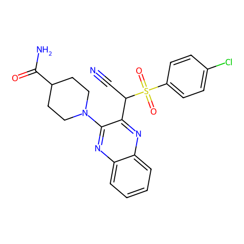 1-(3-(((4-chlorophenyl)sulfonyl)(cyano)methyl)quinoxalin-2-yl)piperidine-4-carboxamide structure