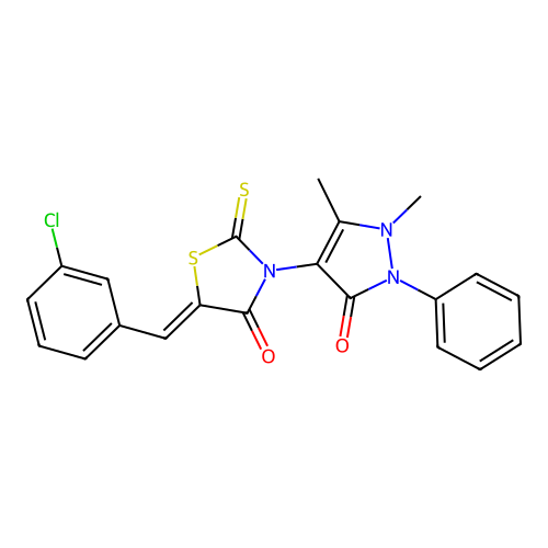 (5Z)-5-[(3-chlorophenyl)methylidene]-3-(1,5-dimethyl-3-oxo-2-phenylpyrazol-4-yl)-2-sulfanylidene-1,3-thiazolidin-4-one structure