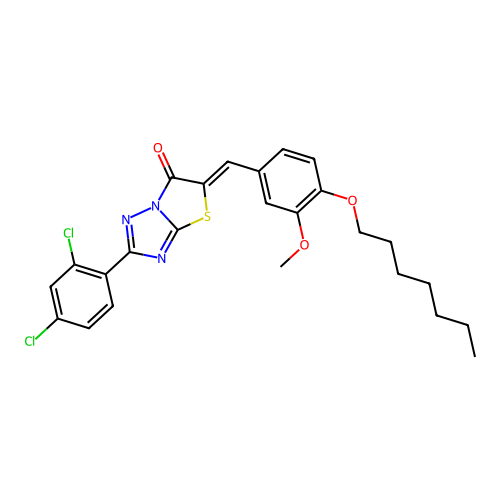 (Z)-2-(2,4-dichlorophenyl)-5-(4-(heptyloxy)-3-methoxybenzylidene)thiazolo[3,2-b][1,2,4]triazol-6(5H)-one structure