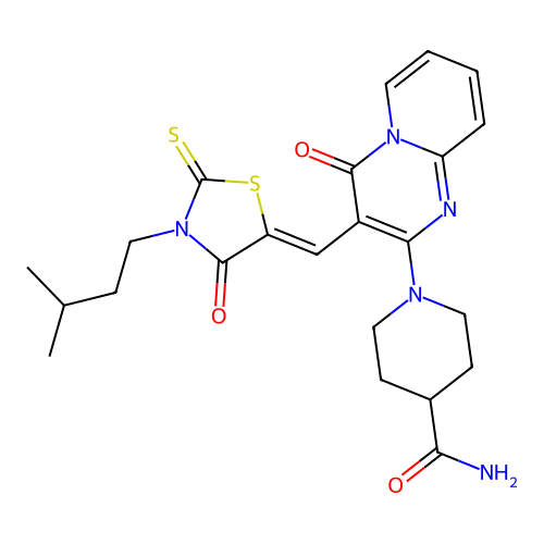 (Z)-1-(3-((3-isopentyl-4-oxo-2-thioxothiazolidin-5-ylidene)methyl)-4-oxo-4H-pyrido[1,2-a]pyrimidin-2-yl)piperidine-4-carboxamide structure