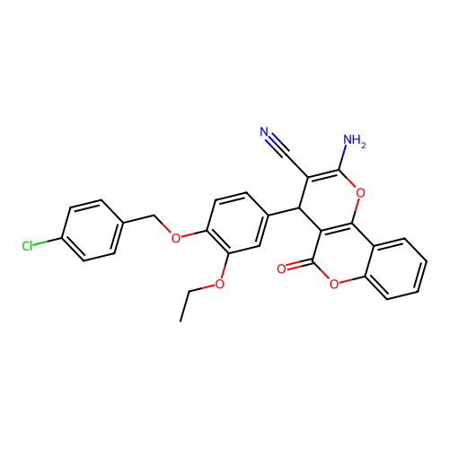 2-amino-4-(4-((4-chlorobenzyl)oxy)-3-ethoxyphenyl)-5-oxo-4,5-dihydropyrano[3,2-c]chromene-3-carbonitrile structure