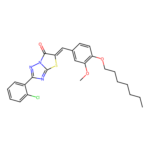 (Z)-2-(2-chlorophenyl)-5-(4-(heptyloxy)-3-methoxybenzylidene)thiazolo[3,2-b][1,2,4]triazol-6(5H)-one structure