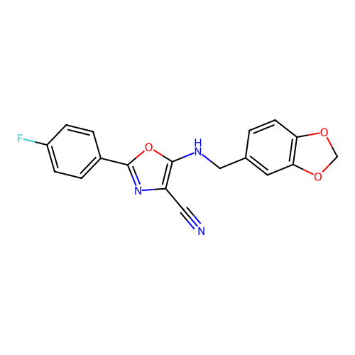 5-((benzo[d][1,3]dioxol-5-ylmethyl)amino)-2-(4-fluorophenyl)oxazole-4-carbonitrile structure