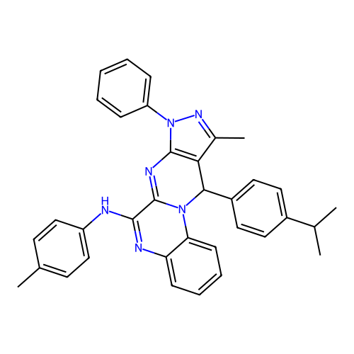 10-methyl-N-(4-methylphenyl)-8-phenyl-11-[4-(propan-2-yl)phenyl]-8,11-dihydropyrazolo[3',4':4,5]pyrimido[1,2-a]quinoxalin-6-amine structure