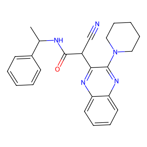 2-cyano-N-(1-phenylethyl)-2-(3-(piperidin-1-yl)quinoxalin-2-yl)acetamide structure