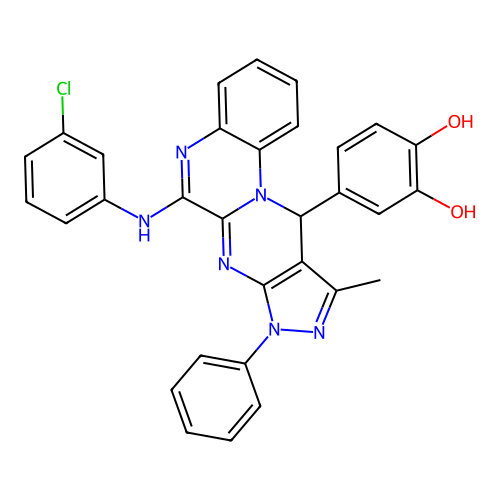 4-(6-((3-chlorophenyl)amino)-10-methyl-8-phenyl-8,11-dihydropyrazolo[3',4':4,5]pyrimido[1,2-a]quinoxalin-11-yl)benzene-1,2-diol structure