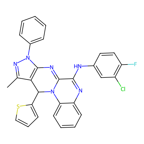 N-(3-chloro-4-fluorophenyl)-10-methyl-8-phenyl-11-(thiophen-2-yl)-8,11-dihydropyrazolo[3',4':4,5]pyrimido[1,2-a]quinoxalin-6-amine structure