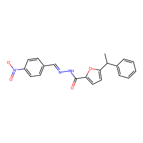 N'-[(E)-(4-nitrophenyl)methylidene]-5-(1-phenylethyl)furan-2-carbohydrazide structure