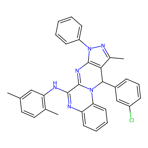 11-(3-chlorophenyl)-N-(2,5-dimethylphenyl)-10-methyl-8-phenyl-8,11-dihydropyrazolo[3',4':4,5]pyrimido[1,2-a]quinoxalin-6-amine structure