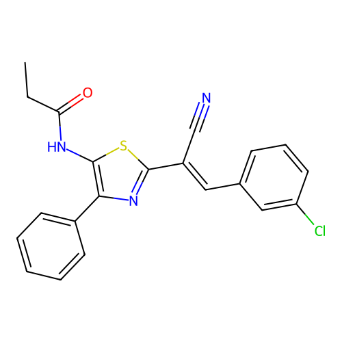 (E)-N-(2-(2-(3-chlorophenyl)-1-cyanovinyl)-4-phenylthiazol-5-yl)propionamide structure