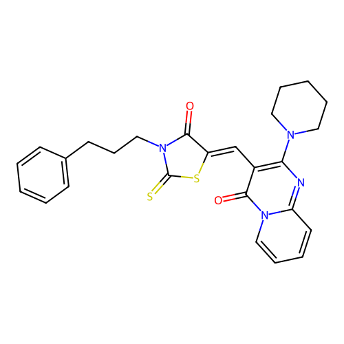3-{(Z)-[4-oxo-3-(3-phenylpropyl)-2-thioxo-1,3-thiazolidin-5-ylidene]methyl}-2-(piperidin-1-yl)-4H-pyrido[1,2-a]pyrimidin-4-one structure