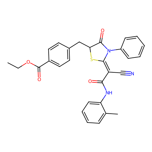 (Z)-ethyl 4-((2-(1-cyano-2-oxo-2-(o-tolylamino)ethylidene)-4-oxo-3-phenylthiazolidin-5-yl)methyl)benzoate structure