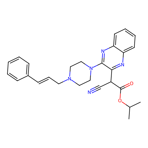 (E)-isopropyl 2-(3-(4-cinnamylpiperazin-1-yl)quinoxalin-2-yl)-2-cyanoacetate structure