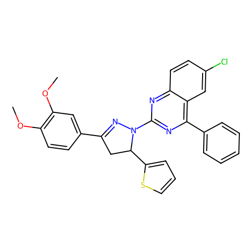 6-chloro-2-(3-(3,4-dimethoxyphenyl)-5-(thiophen-2-yl)-4,5-dihydro-1H-pyrazol-1-yl)-4-phenylquinazoline structure