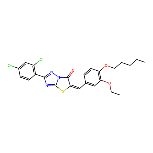 (5E)-2-(2,4-dichlorophenyl)-5-[3-ethoxy-4-(pentyloxy)benzylidene][1,3]thiazolo[3,2-b][1,2,4]triazol-6(5H)-one structure