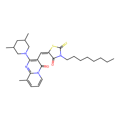 (E)-5-((2-(3,5-dimethylpiperidin-1-yl)-9-methyl-4-oxo-4H-pyrido[1,2-a]pyrimidin-3-yl)methylene)-3-octyl-2-thioxothiazolidin-4-one structure
