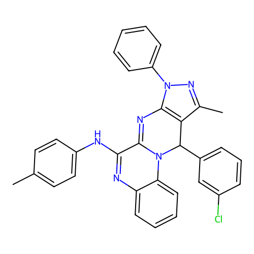 11-(3-chlorophenyl)-10-methyl-8-phenyl-N-(p-tolyl)-8,11-dihydropyrazolo[3',4':4,5]pyrimido[1,2-a]quinoxalin-6-amine structure