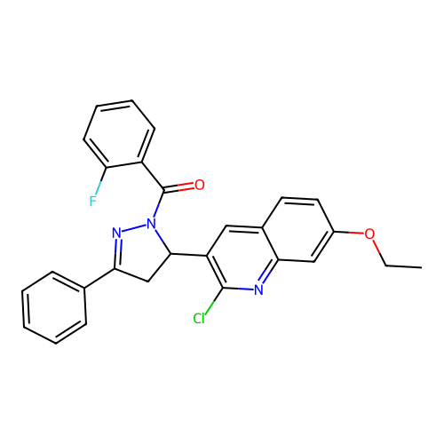 (5-(2-chloro-7-ethoxyquinolin-3-yl)-3-phenyl-4,5-dihydro-1H-pyrazol-1-yl)(2-fluorophenyl)methanone structure