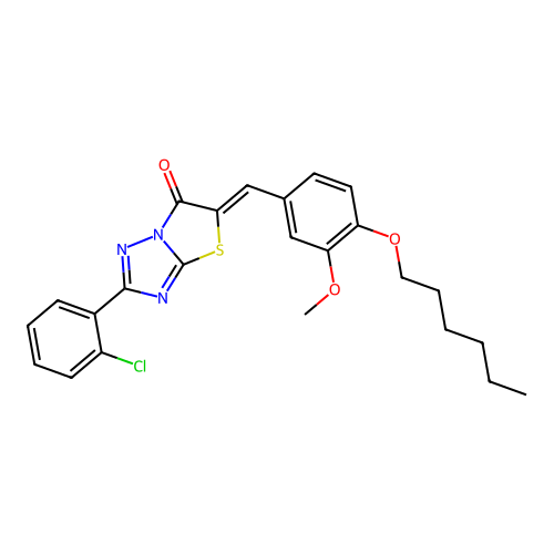 (Z)-2-(2-chlorophenyl)-5-(4-(hexyloxy)-3-methoxybenzylidene)thiazolo[3,2-b][1,2,4]triazol-6(5H)-one structure