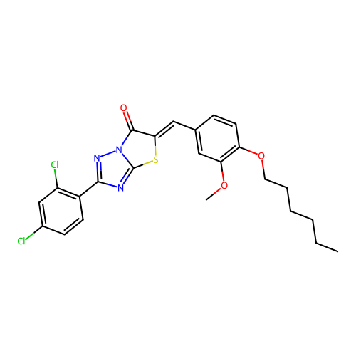 (Z)-2-(2,4-dichlorophenyl)-5-(4-(hexyloxy)-3-methoxybenzylidene)thiazolo[3,2-b][1,2,4]triazol-6(5H)-one structure