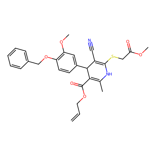 allyl 4-(4-(benzyloxy)-3-methoxyphenyl)-5-cyano-6-((2-methoxy-2-oxoethyl)thio)-2-methyl-1,4-dihydropyridine-3-carboxylate structure