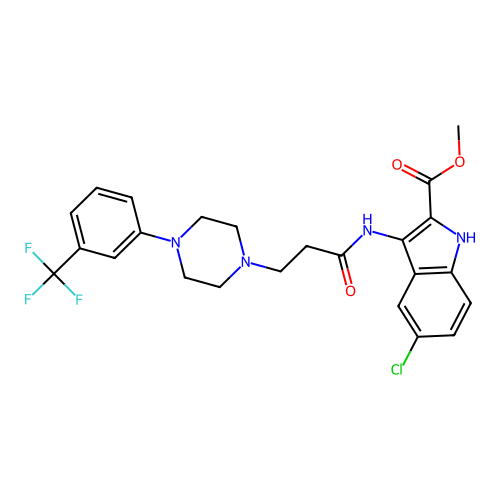 methyl 5-chloro-3-(3-(4-(3-(trifluoromethyl)phenyl)piperazin-1-yl)propanamido)-1H-indole-2-carboxylate structure