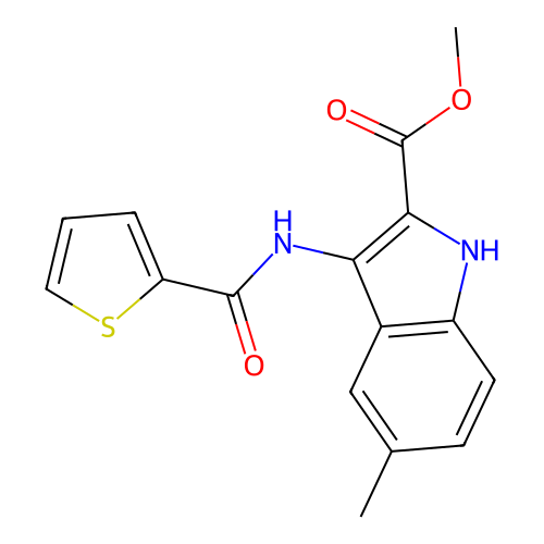 methyl 5-methyl-3-[(thiophen-2-ylcarbonyl)amino]-1H-indole-2-carboxylate structure