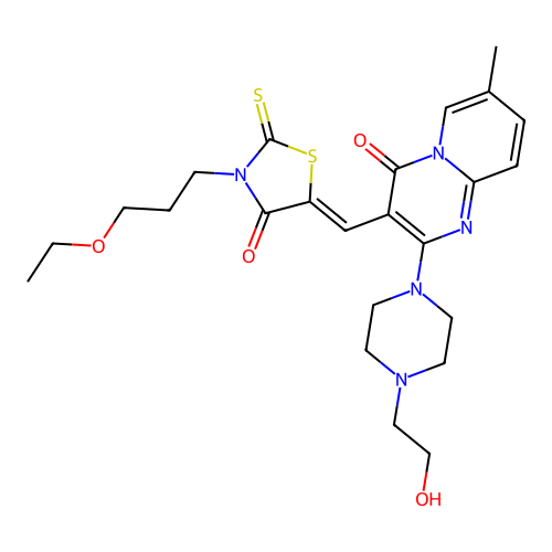 3-{(Z)-[3-(3-ethoxypropyl)-4-oxo-2-thioxo-1,3-thiazolidin-5-ylidene]methyl}-2-[4-(2-hydroxyethyl)piperazin-1-yl]-7-methyl-4H-pyrido[1,2-a]pyrimidin-4-one structure