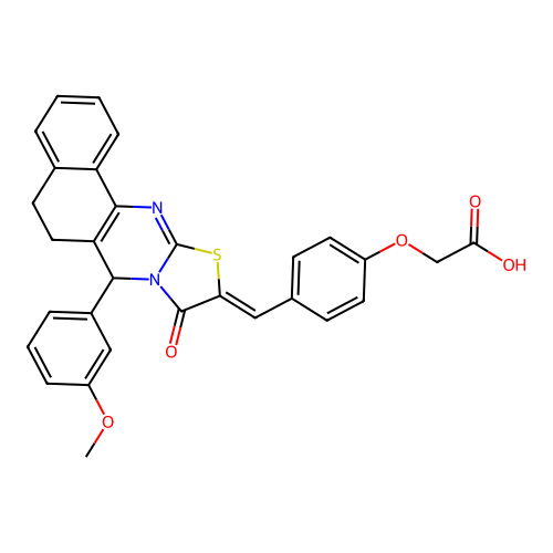 (4-{(Z)-[7-(3-methoxyphenyl)-9-oxo-5,7-dihydro-6H-benzo[h][1,3]thiazolo[2,3-b]quinazolin-10(9H)-ylidene]methyl}phenoxy)acetic acid structure