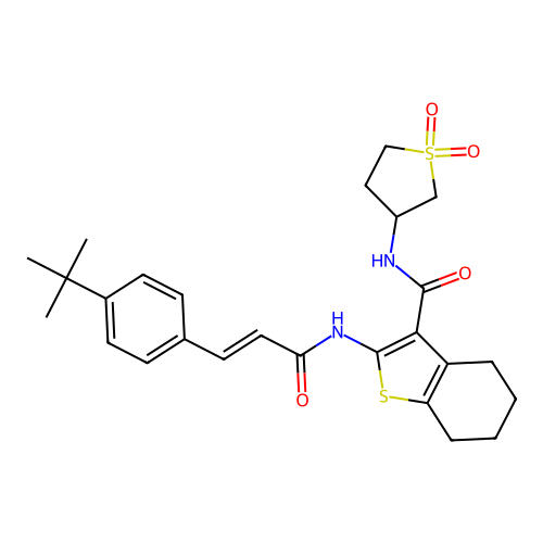 2-{[(2E)-3-(4-tert-butylphenyl)prop-2-enoyl]amino}-N-(1,1-dioxidotetrahydrothiophen-3-yl)-4,5,6,7-tetrahydro-1-benzothiophene-3-carboxamide structure