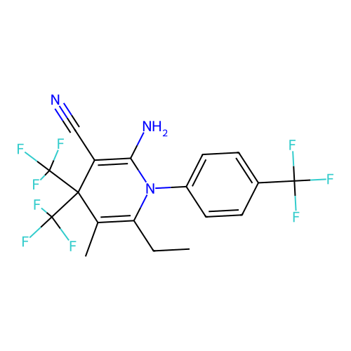 2-amino-6-ethyl-5-methyl-4,4-bis(trifluoromethyl)-1-(4-(trifluoromethyl)phenyl)-1,4-dihydropyridine-3-carbonitrile structure