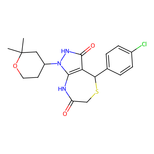 4-(4-chlorophenyl)-1-(2,2-dimethyltetrahydro-2H-pyran-4-yl)-3-hydroxy-4,8-dihydro-1H-pyrazolo[3,4-e][1,4]thiazepin-7(6H)-one structure