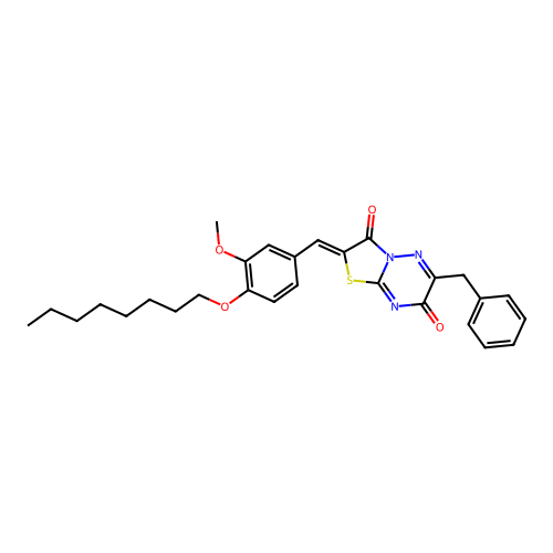 (2Z)-6-benzyl-2-[3-methoxy-4-(octyloxy)benzylidene]-7H-[1,3]thiazolo[3,2-b][1,2,4]triazine-3,7(2H)-dione structure