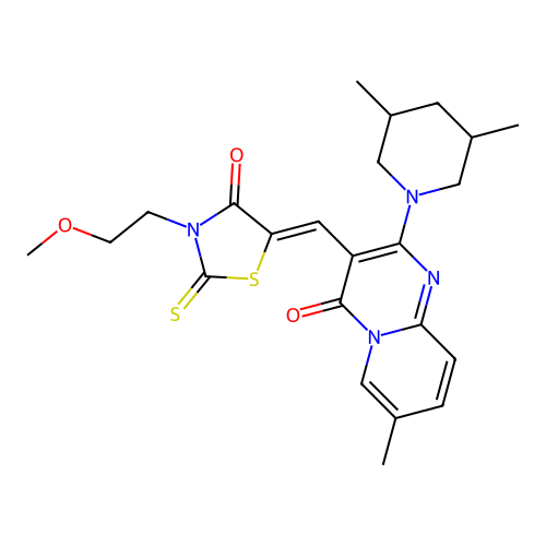 2-(3,5-dimethylpiperidin-1-yl)-3-{(Z)-[3-(2-methoxyethyl)-4-oxo-2-thioxo-1,3-thiazolidin-5-ylidene]methyl}-7-methyl-4H-pyrido[1,2-a]pyrimidin-4-one structure