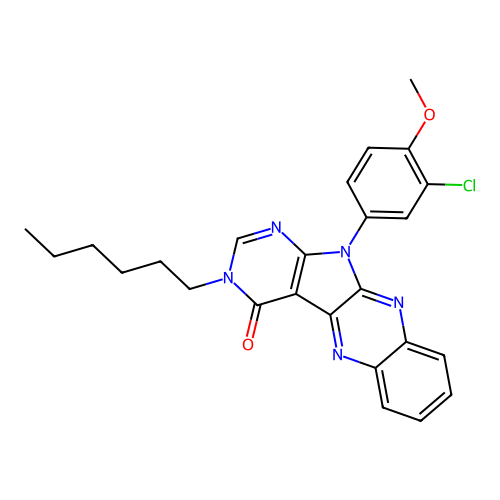 11-(3-chloro-4-methoxyphenyl)-3-hexyl-3,11-dihydro-4H-pyrimido[5',4':4,5]pyrrolo[2,3-b]quinoxalin-4-one structure