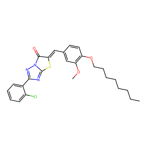 (Z)-2-(2-chlorophenyl)-5-(3-methoxy-4-(octyloxy)benzylidene)thiazolo[3,2-b][1,2,4]triazol-6(5H)-one structure