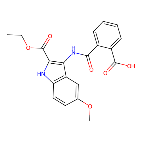 2-((2-(ethoxycarbonyl)-5-methoxy-1H-indol-3-yl)carbamoyl)benzoic acid structure