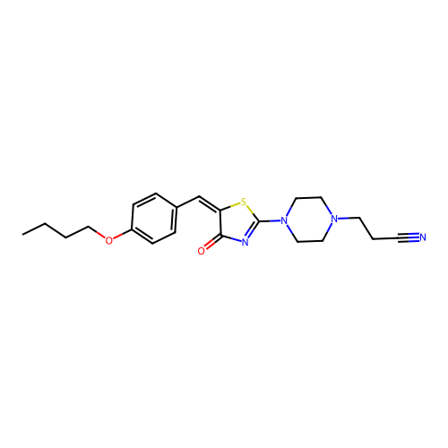 (E)-3-(4-(5-(4-butoxybenzylidene)-4-oxo-4,5-dihydrothiazol-2-yl)piperazin-1-yl)propanenitrile structure