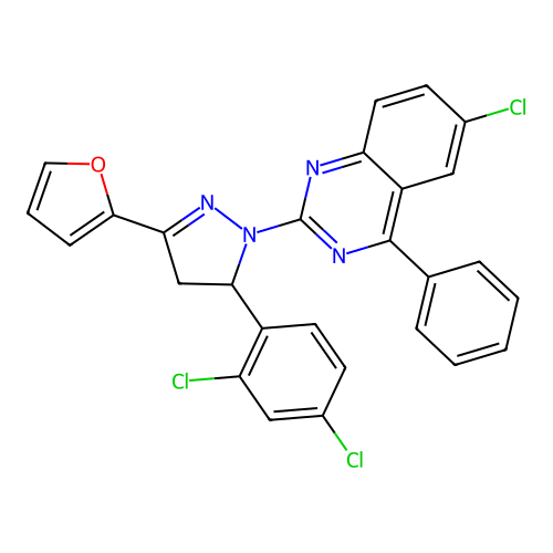 6-chloro-2-(5-(2,4-dichlorophenyl)-3-(furan-2-yl)-4,5-dihydro-1H-pyrazol-1-yl)-4-phenylquinazoline structure