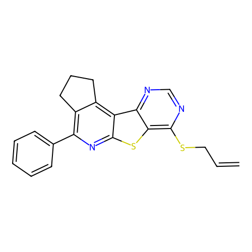 4-phenyl-7-(prop-2-en-1-ylsulfanyl)-2,3-dihydro-1H-cyclopenta[4',5']pyrido[3',2':4,5]thieno[3,2-d]pyrimidine structure