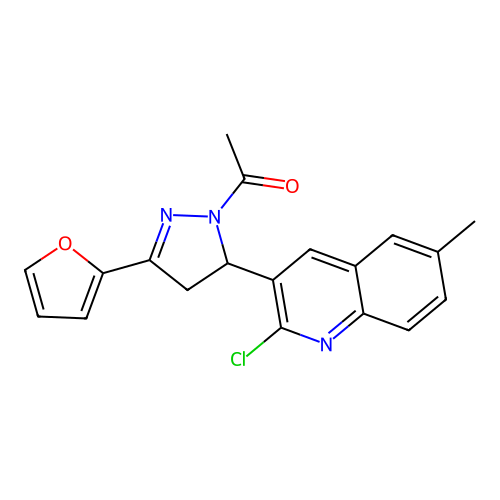 1-[3-(2-chloro-6-methylquinolin-3-yl)-5-(furan-2-yl)-3,4-dihydropyrazol-2-yl]ethanone structure