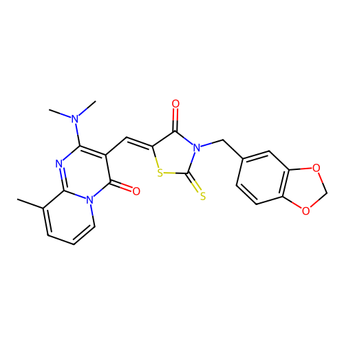 3-{(Z)-[3-(1,3-benzodioxol-5-ylmethyl)-4-oxo-2-thioxo-1,3-thiazolidin-5-ylidene]methyl}-2-(dimethylamino)-9-methyl-4H-pyrido[1,2-a]pyrimidin-4-one structure