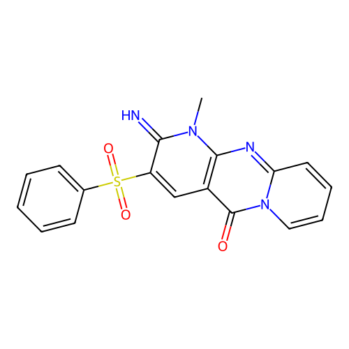 2-azanylidene-1-methyl-3-(phenylsulfonyl)dipyrido[1,2-e:4'',3''-f]pyrimidin-5-one structure