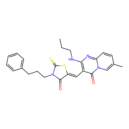 7-methyl-3-{(Z)-[4-oxo-3-(3-phenylpropyl)-2-thioxo-1,3-thiazolidin-5-ylidene]methyl}-2-(propylamino)-4H-pyrido[1,2-a]pyrimidin-4-one structure