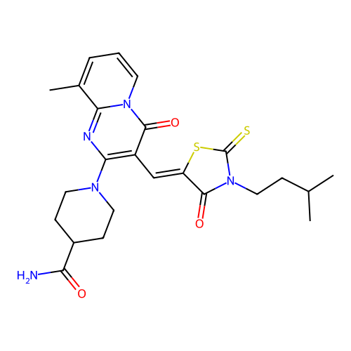 1-(9-methyl-3-{(Z)-[3-(3-methylbutyl)-4-oxo-2-thioxo-1,3-thiazolidin-5-ylidene]methyl}-4-oxo-4H-pyrido[1,2-a]pyrimidin-2-yl)piperidine-4-carboxamide structure