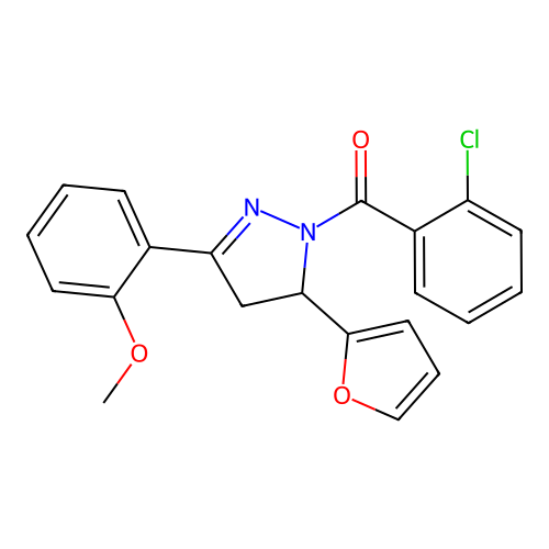 (2-chlorophenyl)(5-(furan-2-yl)-3-(2-methoxyphenyl)-4,5-dihydro-1H-pyrazol-1-yl)methanone structure