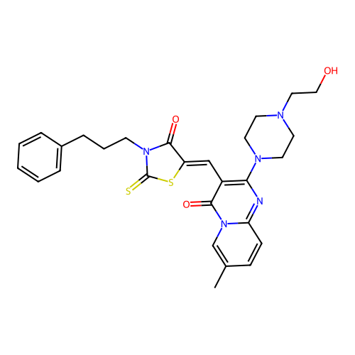 2-[4-(2-hydroxyethyl)piperazin-1-yl]-7-methyl-3-{(Z)-[4-oxo-3-(3-phenylpropyl)-2-thioxo-1,3-thiazolidin-5-ylidene]methyl}-4H-pyrido[1,2-a]pyrimidin-4-one structure